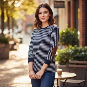 Lauren Ralph Lauren Striped Long Sleeve Top XL Navy White Elbow Patch Shirt